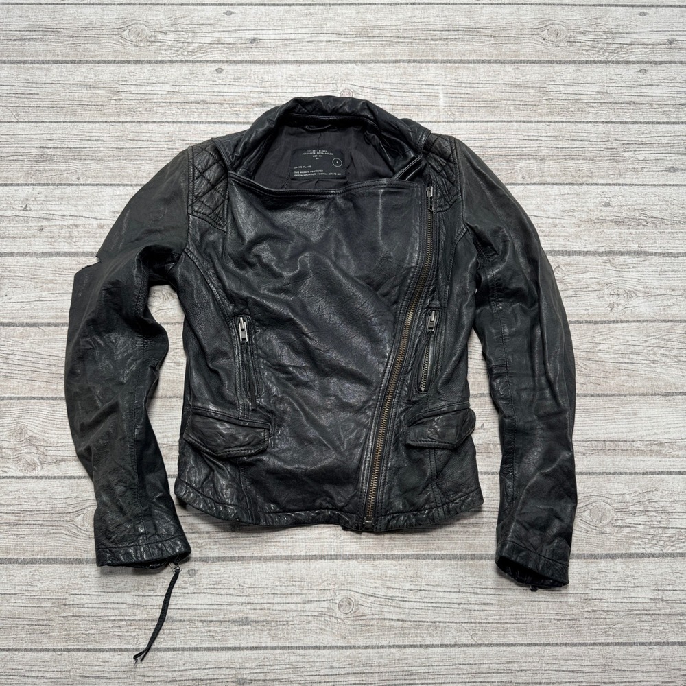 AllSaints Leather Jacket Women's 8 Black Quilted Cropped Streetwear Distressed